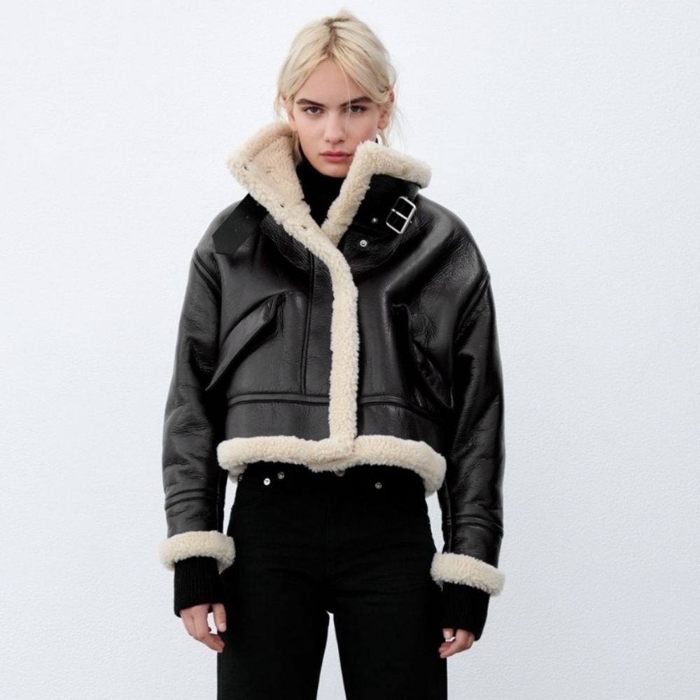 NWT ZARA faux leather fleece collar moto jacket
